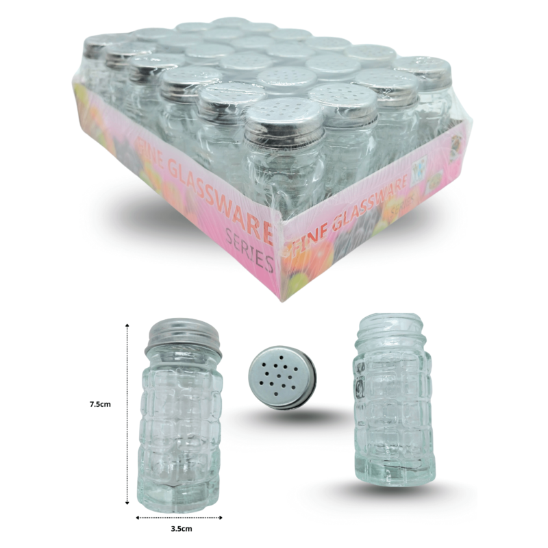 salero figura barril de vidrio con tapa de metal C/24 PE-0021