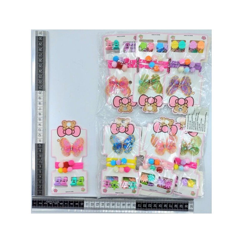 pico mariposa, 2 ligas licra pompón y 4 piojitos set 8pzas C/12 SPJ-383