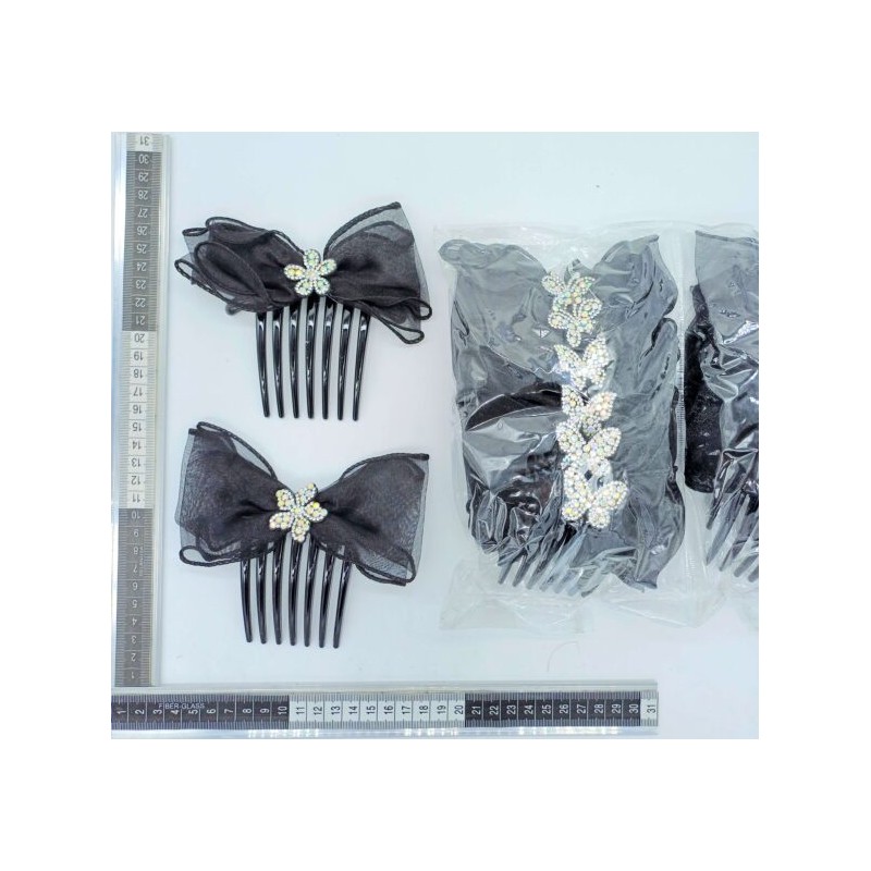 peineta diente ancho con moño tul y decoración brillo C/12 24P-50