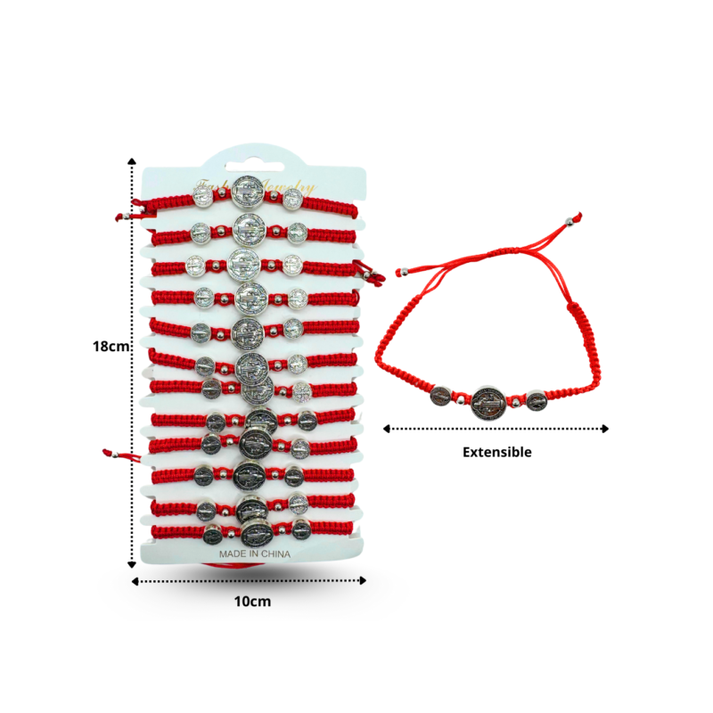 pulsera tejida roja triple medalla de San Benito en tira C/12 BTO