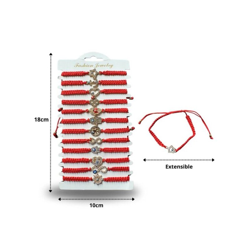 pulsera tejida hilo rojo diferentes dijes con brillos en tira C/12 383W