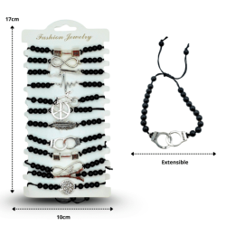 pulsera esferas negras y dije ajustable en tira C/12 2D-2