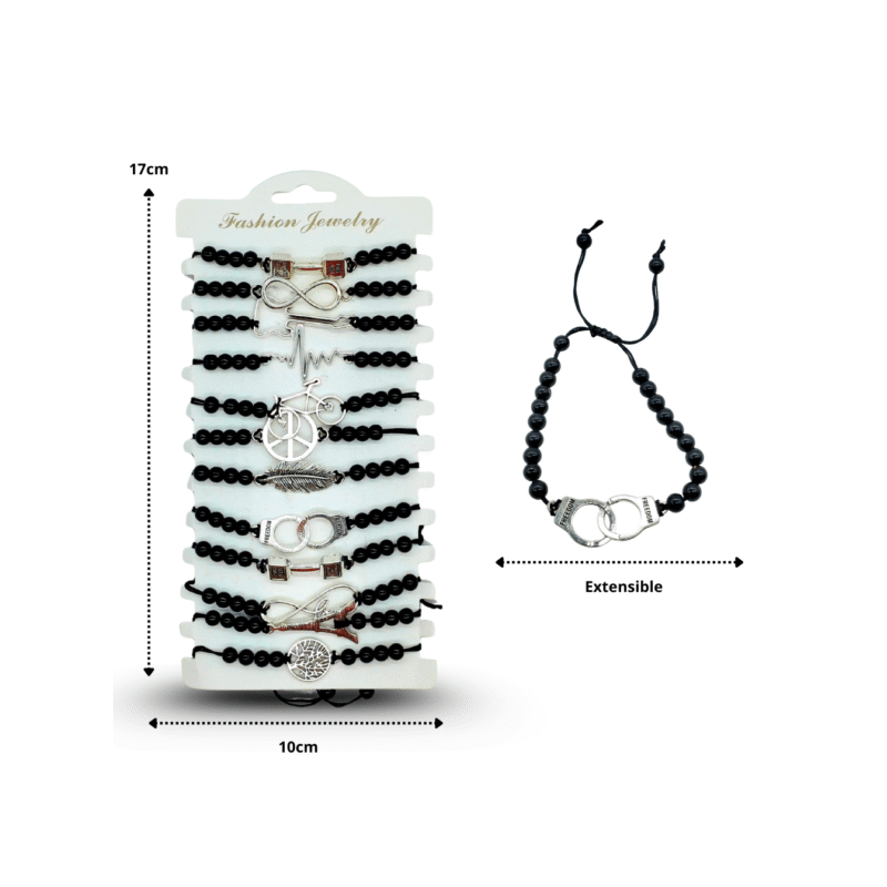 pulsera esferas negras y dije ajustable en tira C/12 2D-2