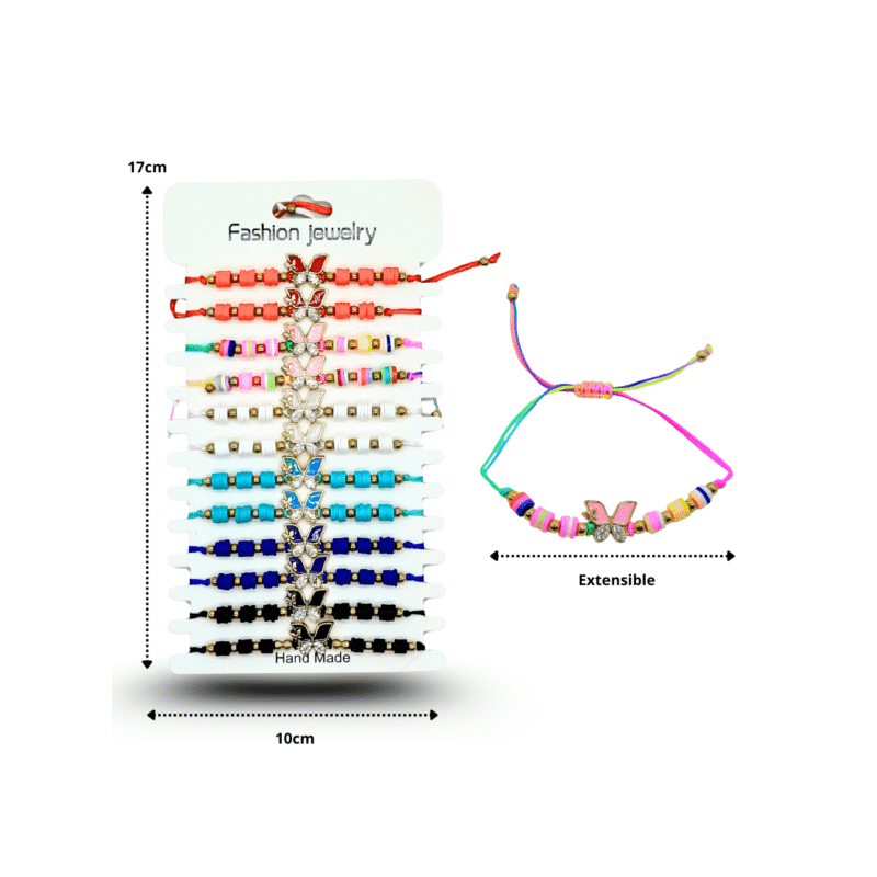 pulsera hilo mariposa con cuentas de colores en tira C/12 RM1075-3G-3