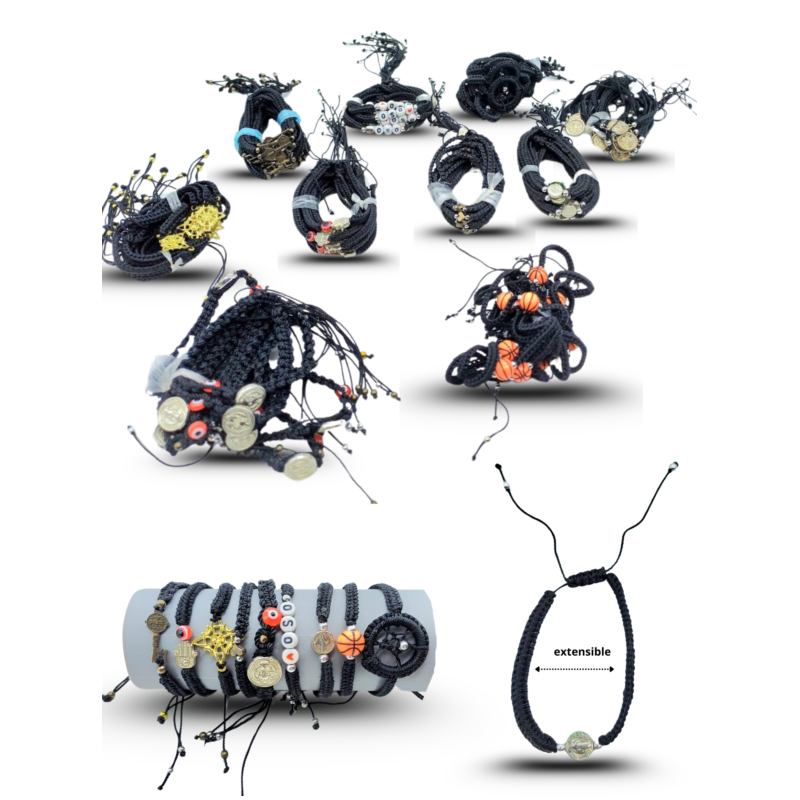 pulsera tejida negra con dije surtido un solo modelo por amarrado C/10 ART MARY