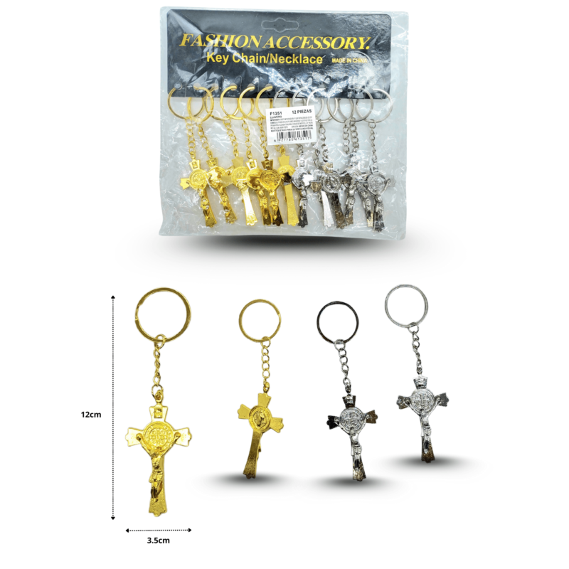 llavero cruz con medalla San Benito dorado y plata C/12 F1351