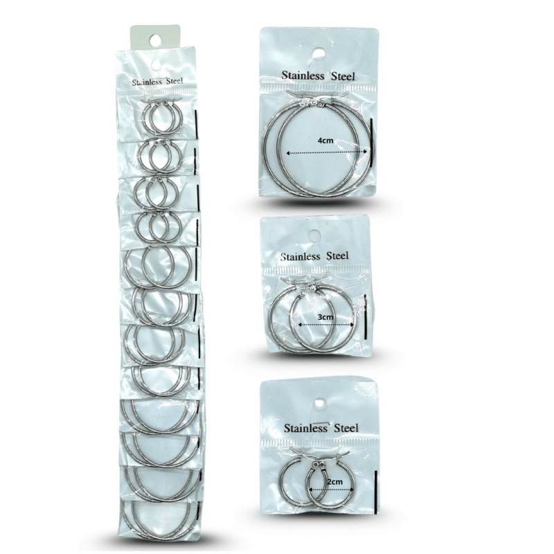 arracada diferentes tamaños en tira color plata acero inoxidable C/12 DG25-C1