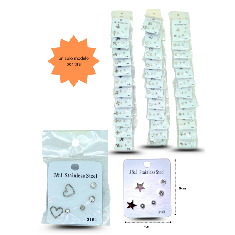 arete broquel y figuras set 3 pares en tira C/12 248-1C-1