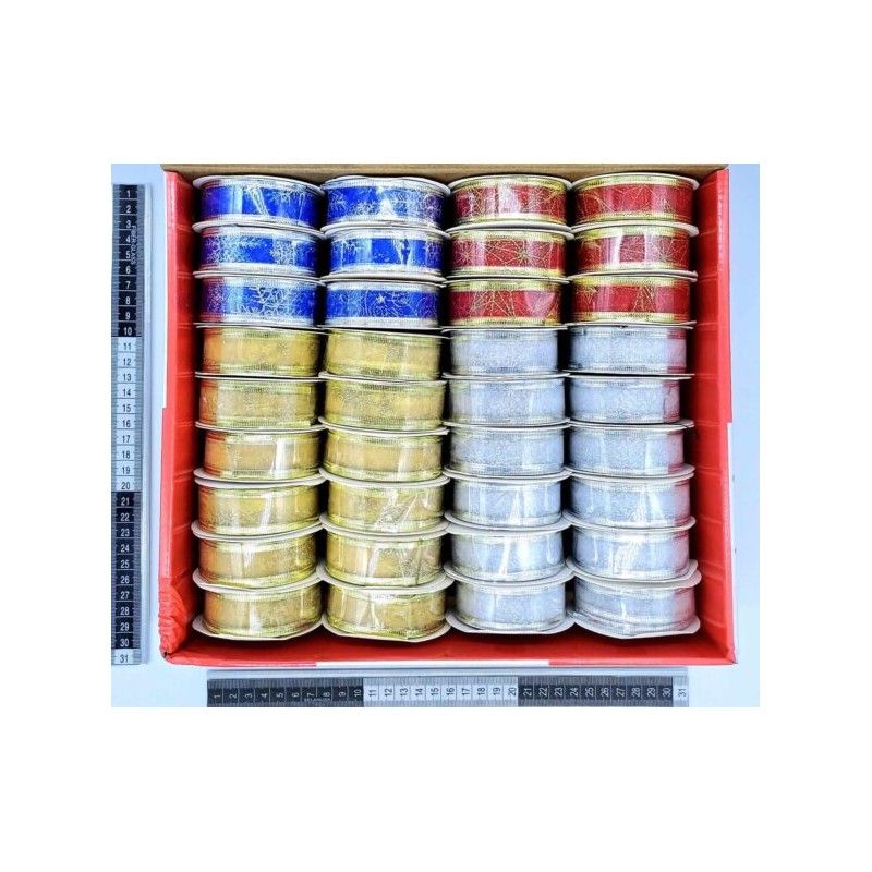 listón cinta decorativa 2.5cm de ancho x2.70mts de largo plata, dorado azul y rojo C/36 J3501