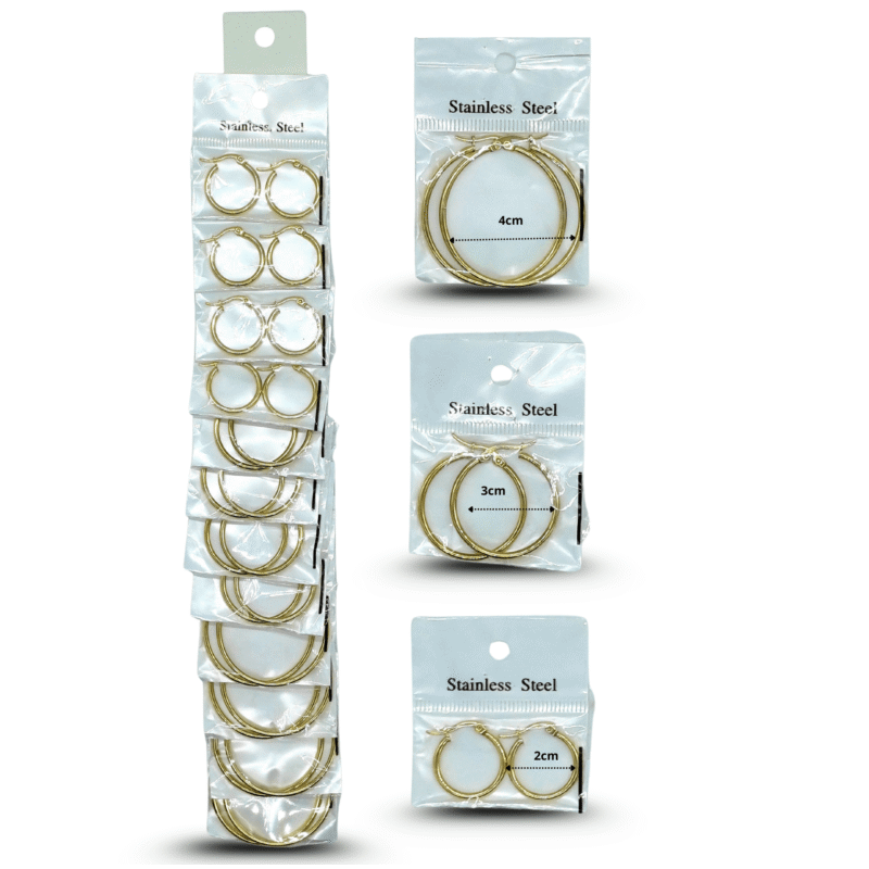 arracada diferentes tamaños en tira color dorada acero inoxidable C/12 DG25-C2