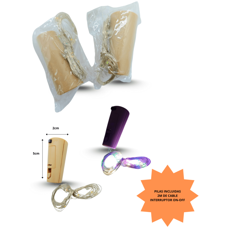 cable luz led colores tapa de botella para decoración 2m con pilas e interruptos on-off C/10 JU-C0903