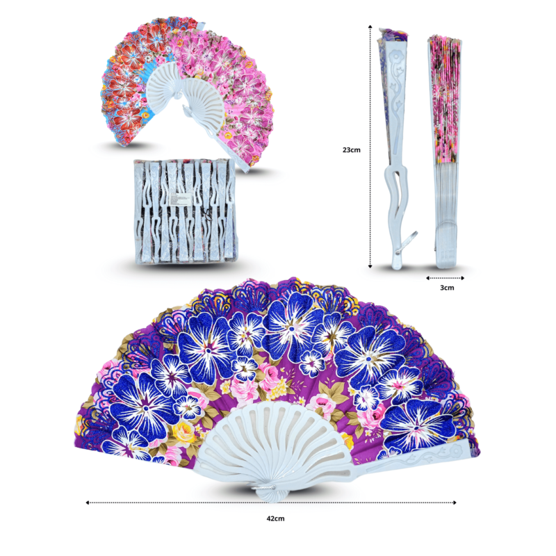 abanico decorado floral colores y brillos base blanca C/12 25-C18