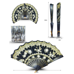 abanico decorado base negra colores negro con dorado y blanco C/12 25-C12