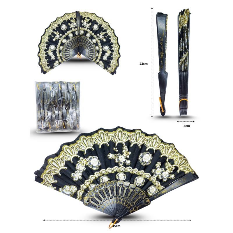 abanico decorado base negra colores negro con dorado y blanco C/12 25-C12