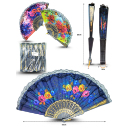 abanico decorado base negra floral con encaje C/12 25-C17