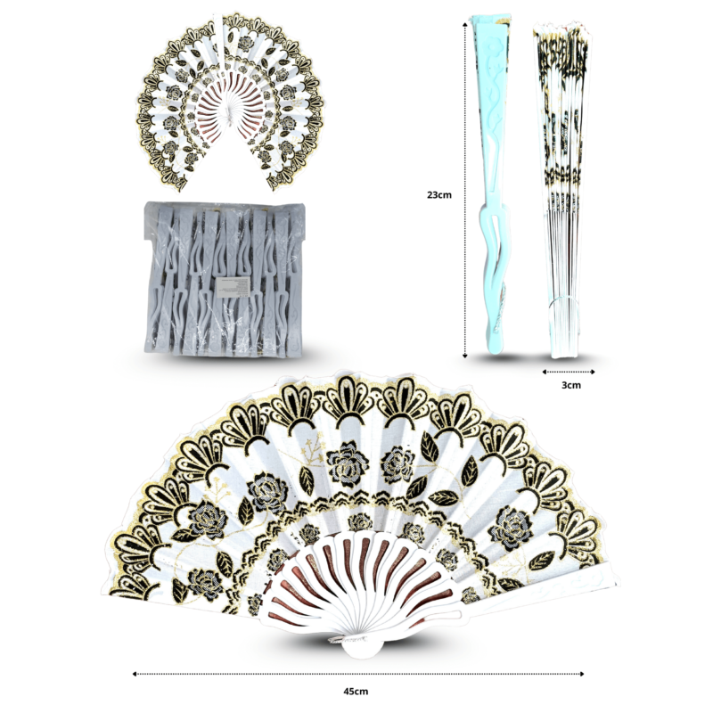 abanico decorado base blanca colores dorado y negro C/12 25-C16