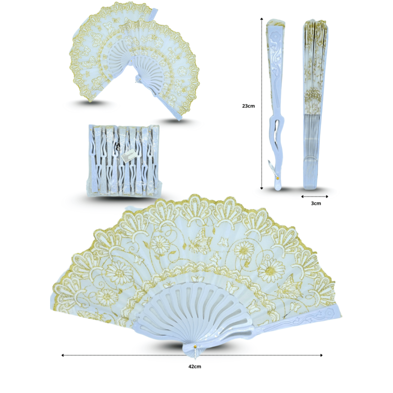 abanico decorado con bordes dorados base blanca calado C/12 25-C14