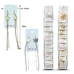 arete largo con diseños surtidos y brillos en tira C/12 HKV-34