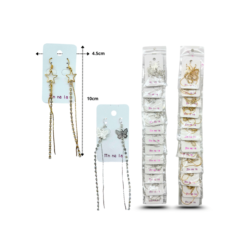 arete largo con diseños surtidos y brillos en tira C/12 HKV-34