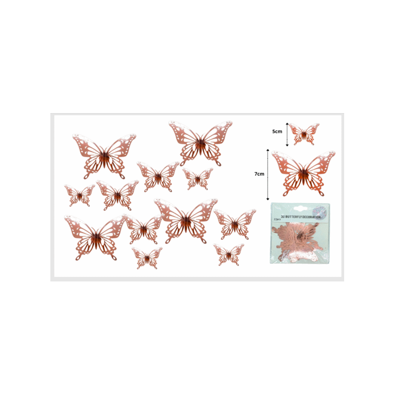 sticker mariposa cobre para decoración plegable set 12pzas diferentes tamaños C/12 25C-98