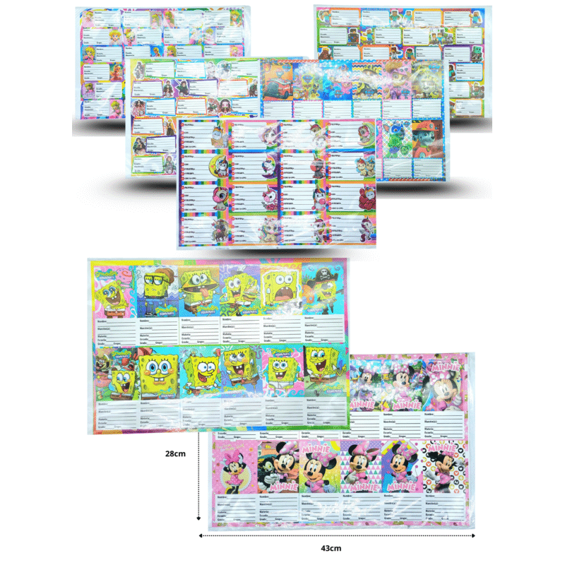 etiqueta identificadora escolar personajes planilla con 24 etiquetas C/10 ZRLLO