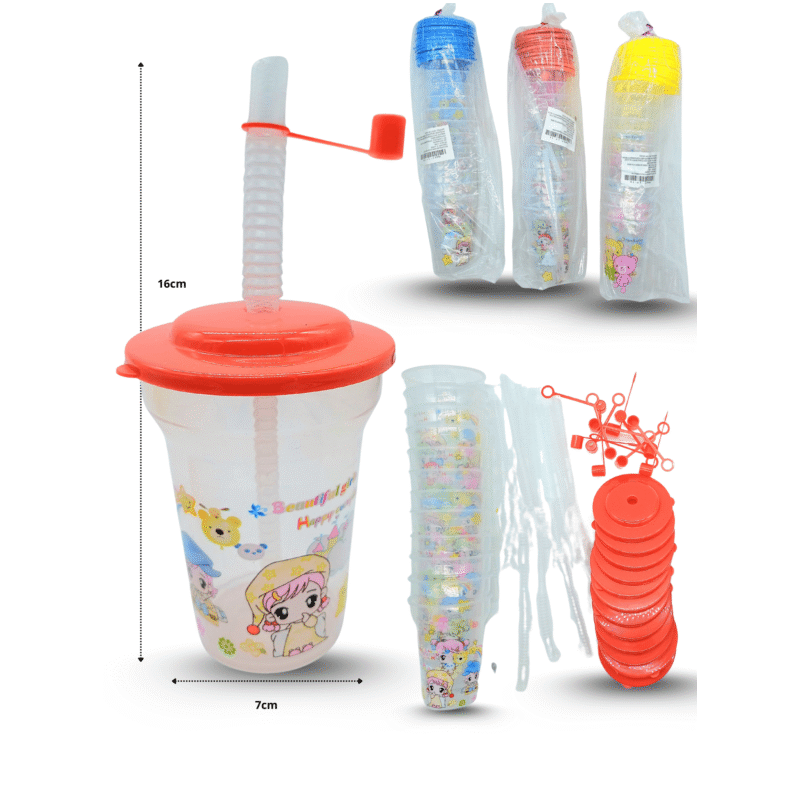 vaso con popote translucido decorado C/12 MW36-3A-28