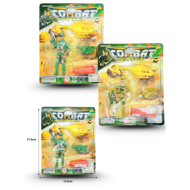 soldado con paracaídas, helicóptero y tanque set 4 pzas en blíster C/10 JB63186