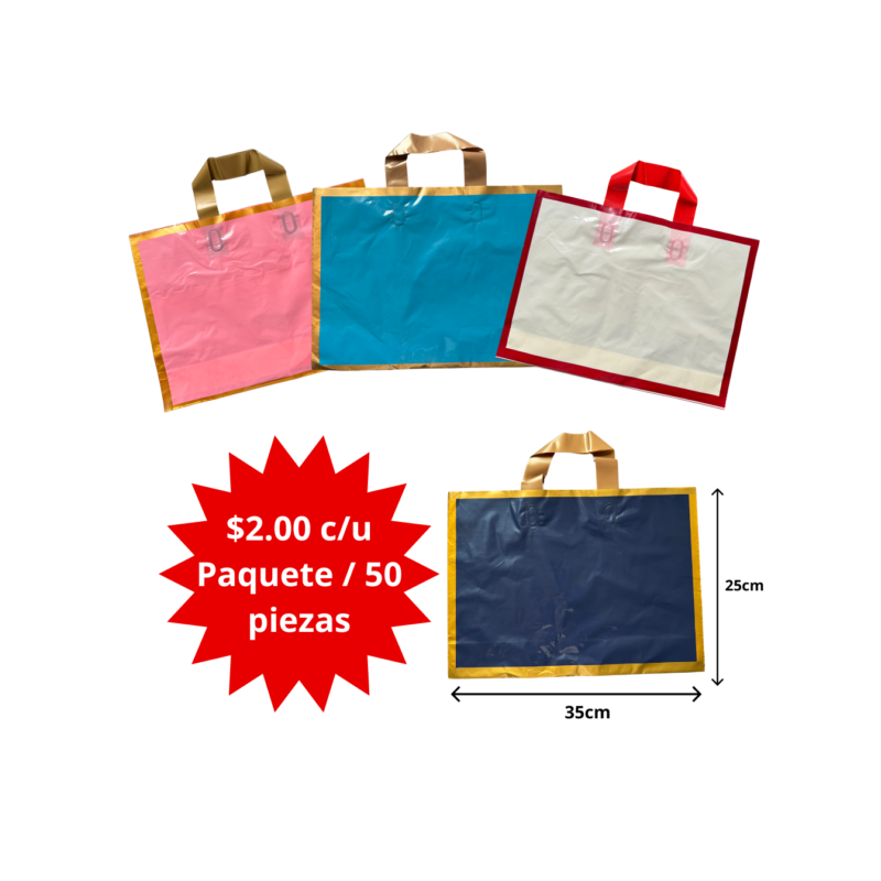 bolsa boutiquera plastica con asa borde dorado 35x25cm C/50 31F-25