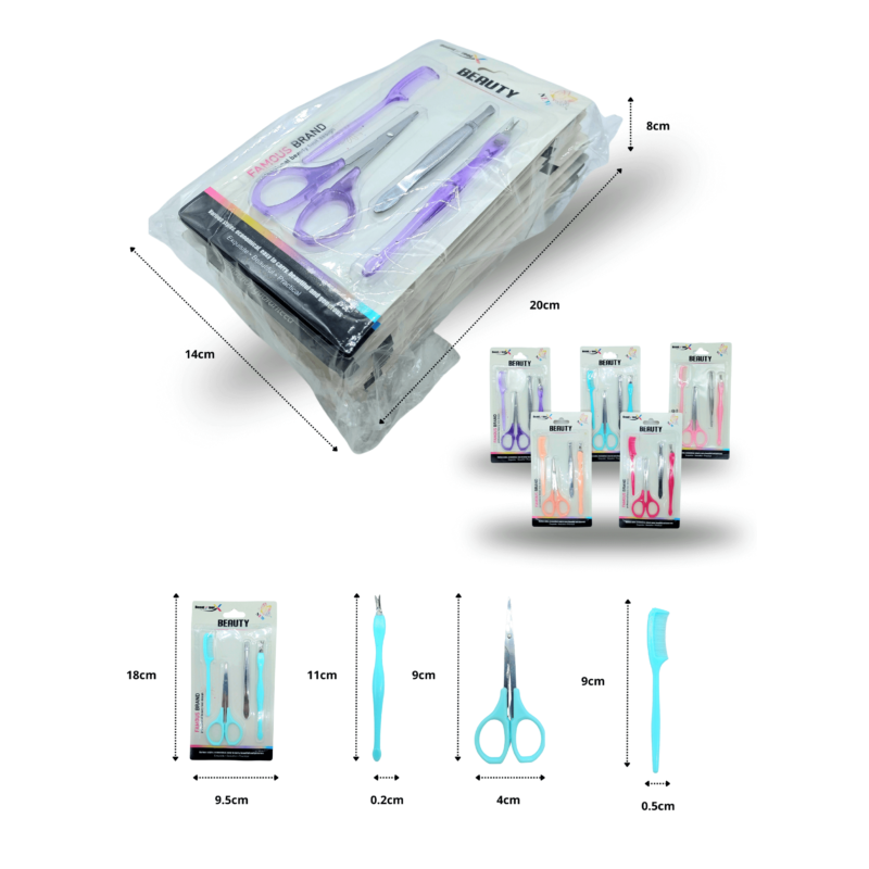 saca ceja, peine mini tijera y pata de mula set 4 pzas C/12 HLN-46