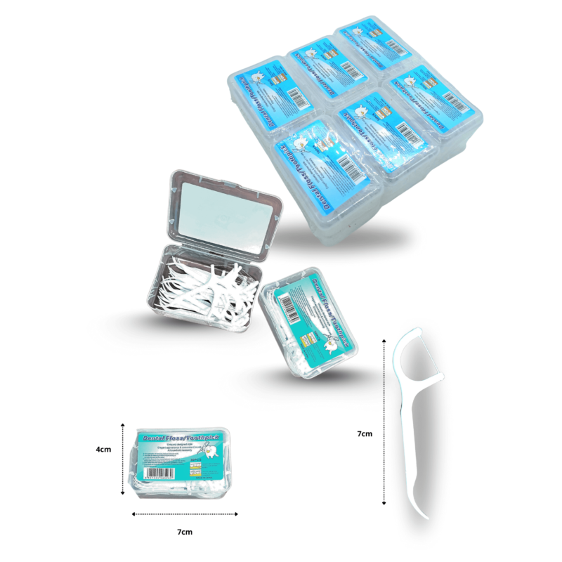 palillo dental plástico con hilo en caja set 30pzs C/12 3A-7o 7F-14